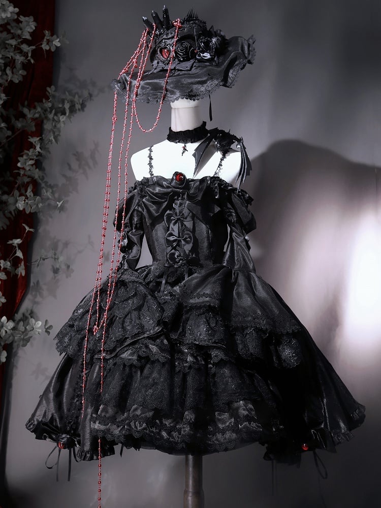 Black Layered Bell Sleeves Kuro Gothic Lolita Dress Bowknot Details and Drawstring Skirt