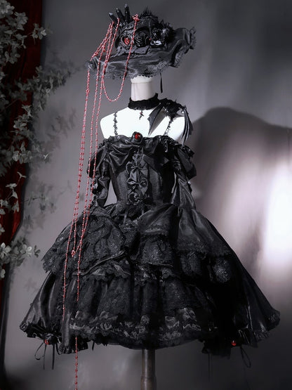 Black Layered Bell Sleeves Kuro Gothic Lolita Dress Bowknot Details and Drawstring Skirt
