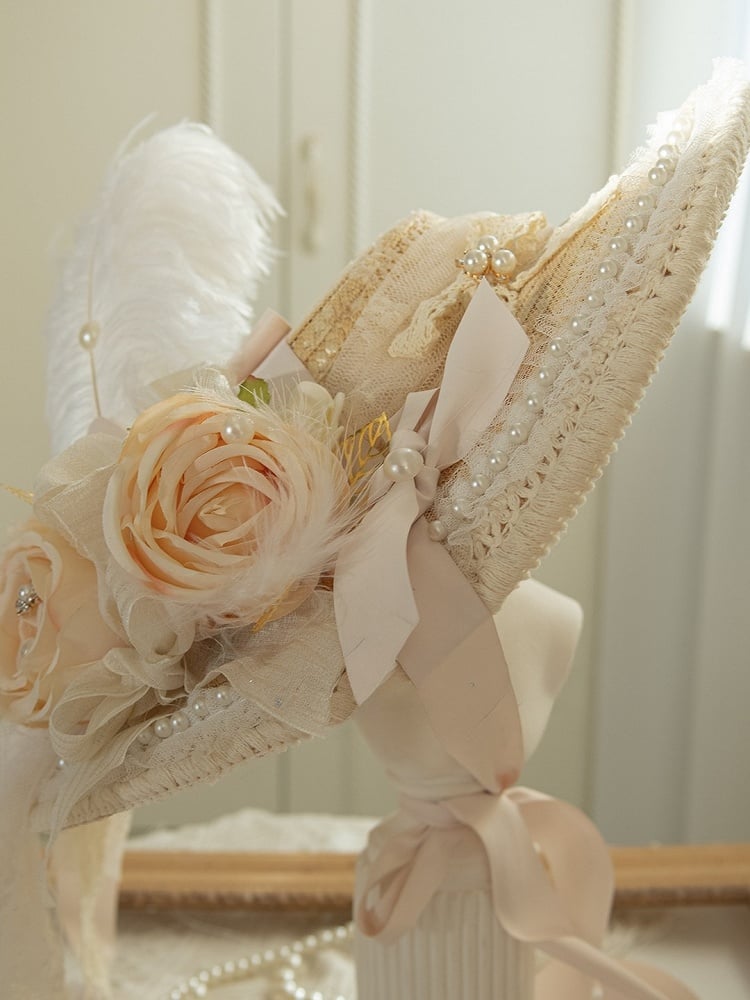 Beige Feather And Beaded Decorated Floral Design Straw Hat