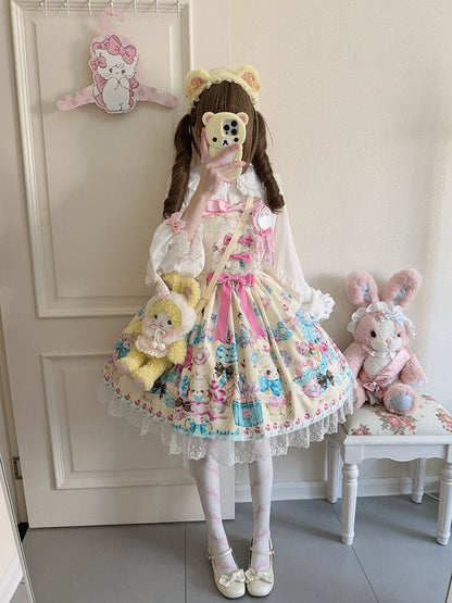 Teddy and Ice Cream Print Yellow Sweet Lolita Jumper Skirt