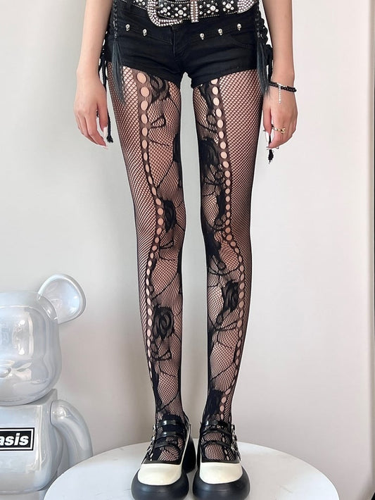 Black/White/Brown Y2K Cut-out Design Floral Pattern Tights