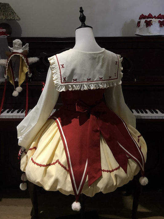 Yellow & Red Apple Embroidered Sweet Clown Lolita JSK Dress + Beige Ruffled Blouse Set