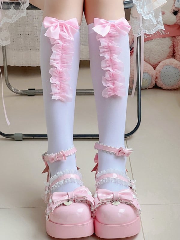 7 Options White/Black Bowknot Details Lace Trim Calf Socks