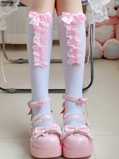 7 Options White/Black Bowknot Details Lace Trim Calf Socks