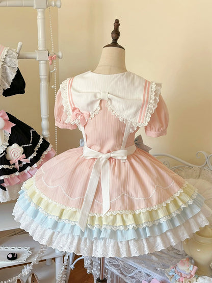Pastel Color Sailor Collar Sweet Kitty Maid Lolita Dress with Heart Apron