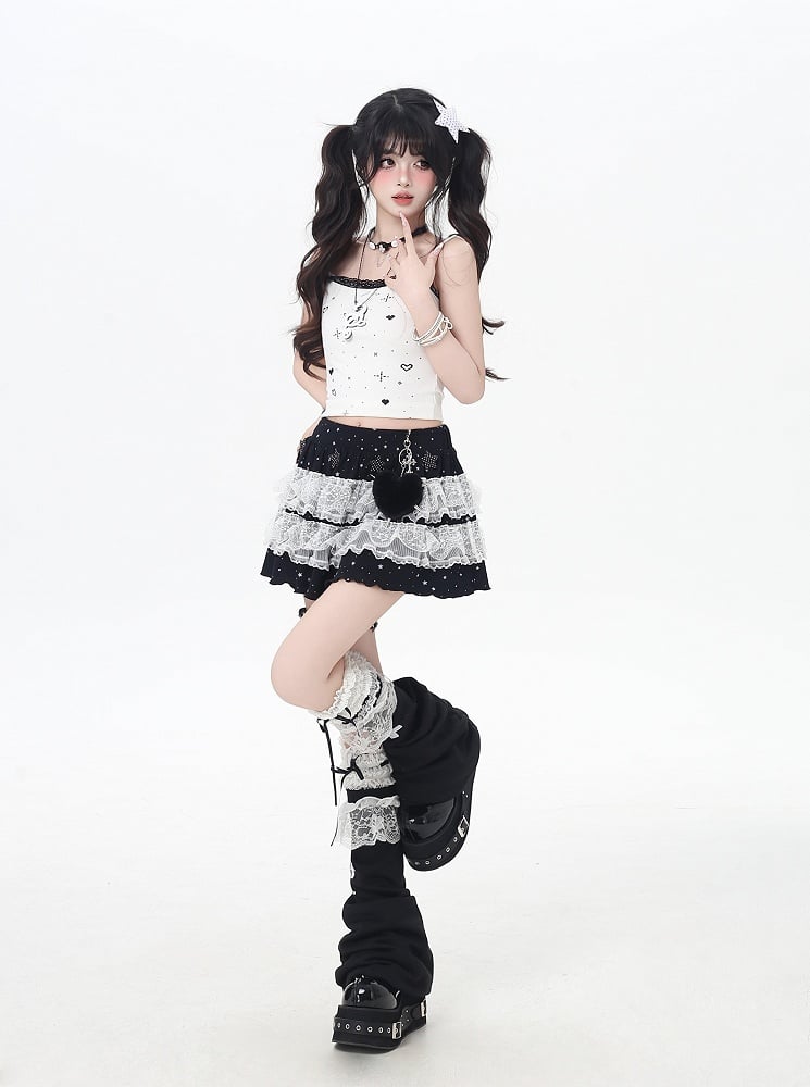 Light Gray/Black Elastic Waist Star Appliques Lace Trim Tiered Knit Skirt