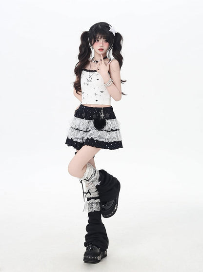 Light Gray/Black Elastic Waist Star Appliques Lace Trim Tiered Knit Skirt