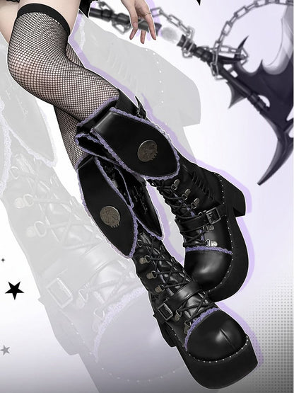 Bad Bunny Lace Trim Bunny Ears Platform Boots Black&Purple PU Gothic Shoes