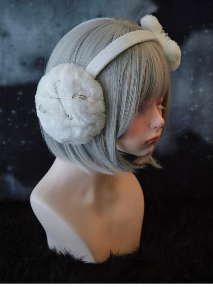 White Handmade Cross and Pins Plush Bone Earmuffs
