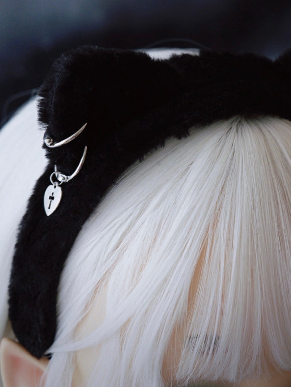 Black Cat Ear With Red Plaid Pattern Bowknot And Heart Charm Details KC