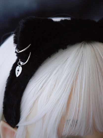 Black Cat Ear With Red Plaid Pattern Bowknot And Heart Charm Details KC