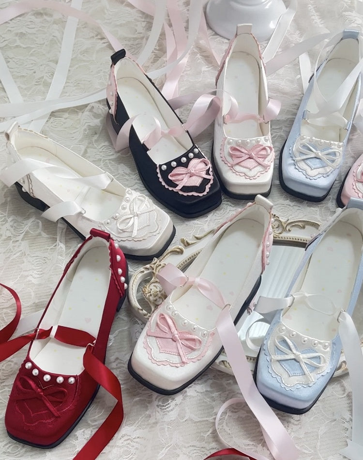 Black and Pink Balletcore Lace-up at Ankle Square-toe Satin Shoes