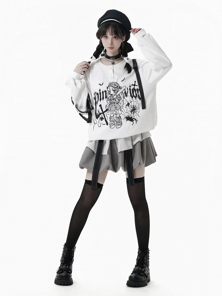 Techwear-Style Black/White Anime Girl Graffiti Sweatshirt with Letter Print and Detachable Snap Straps