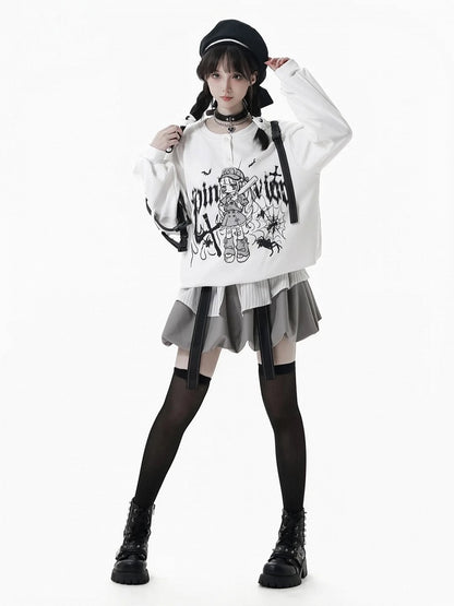 Techwear-Style Black/White Anime Girl Graffiti Sweatshirt with Letter Print and Detachable Snap Straps