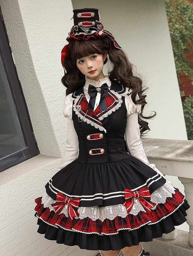 Black & Red Ruffled Lolita Mini Hat with Gold-tone Button and Bow Accents