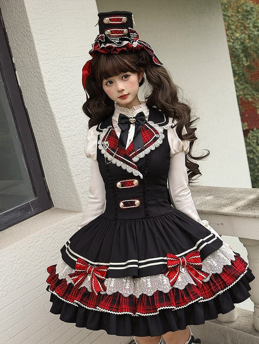 Black & Red Ruffled Lolita Mini Hat with Gold-tone Button and Bow Accents