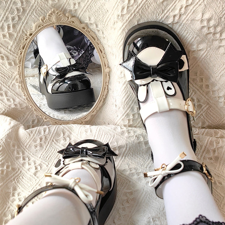 Polished Black Sweet Lolita Heart Details Bunny Ear Bow at Top T-strap Platforms