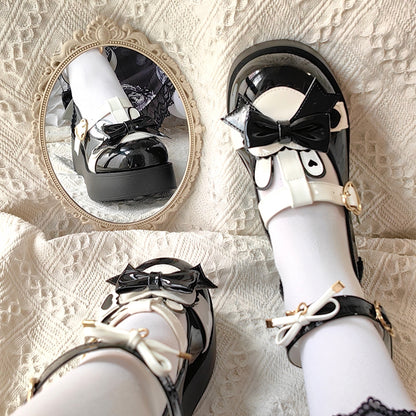 Polished Black Sweet Lolita Heart Details Bunny Ear Bow at Top T-strap Platforms