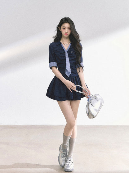 Plaid Tie Design Navy Blue Preppy Style V-neck Mini Dress