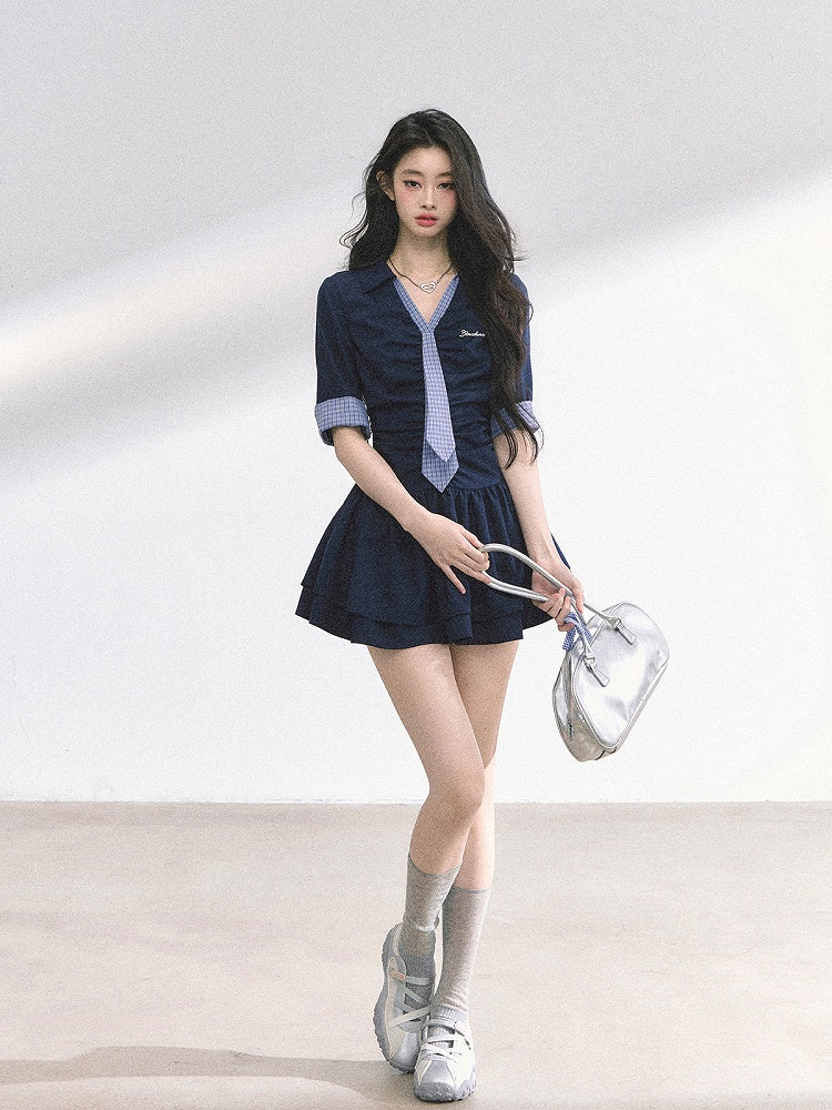 Plaid Tie Design Navy Blue Preppy Style V-neck Mini Dress