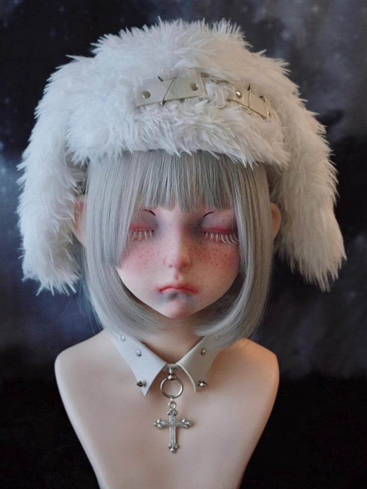White Gothic Studs and Pins Bunny Ear Plush Hat