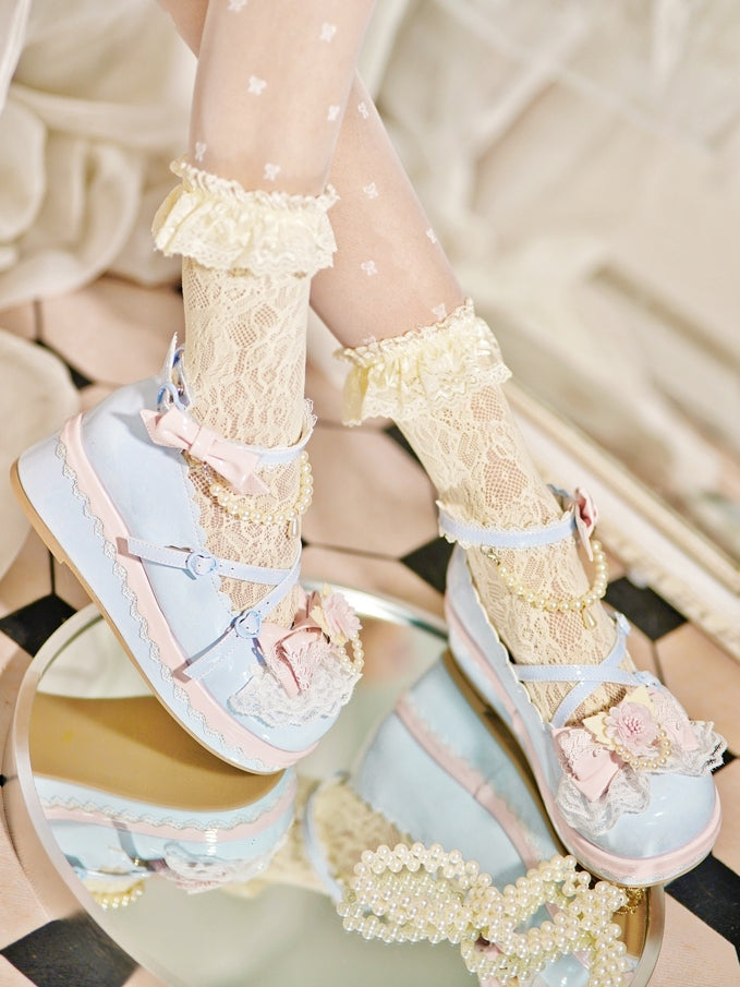 Blue Floral Design Bow at Top Lace Trim Heart Buckle Platforms With Detachable Beaded Chain