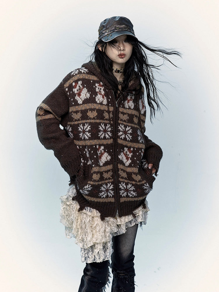 2024 Christmas Black/Brown Mohair Hooded Sweater