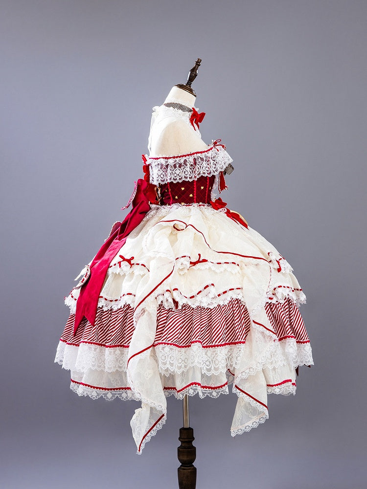 Red Queen Hime Lolita Red Bow Accents Boned Corset Top + Tiered Skirt