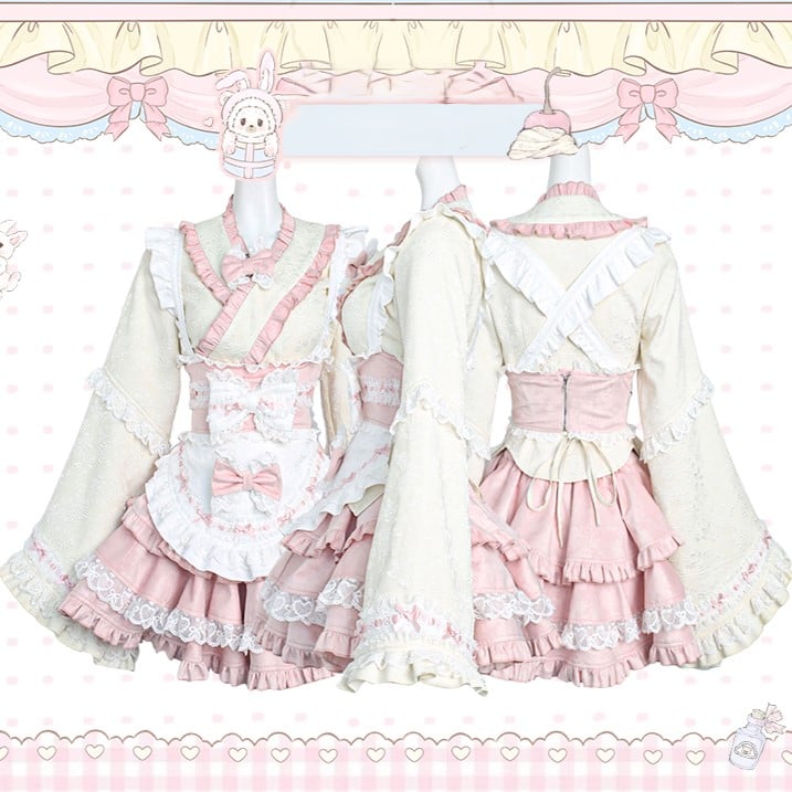 Pink & White Sash Apron with Lace Trim and Bow Accents