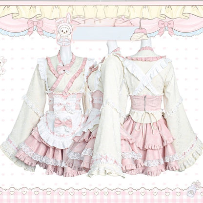Pink & White Sash Apron with Lace Trim and Bow Accents