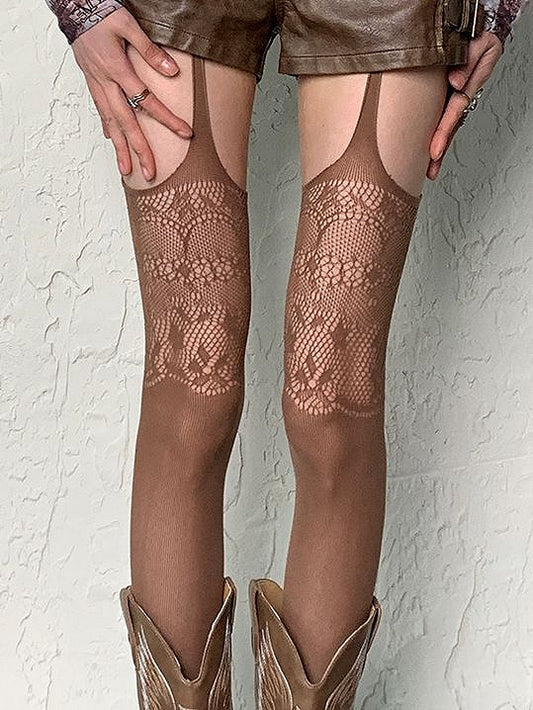 Wasteland Punk Floral Hollow-out Design Y2K Suspender Stockings 5 Color Options