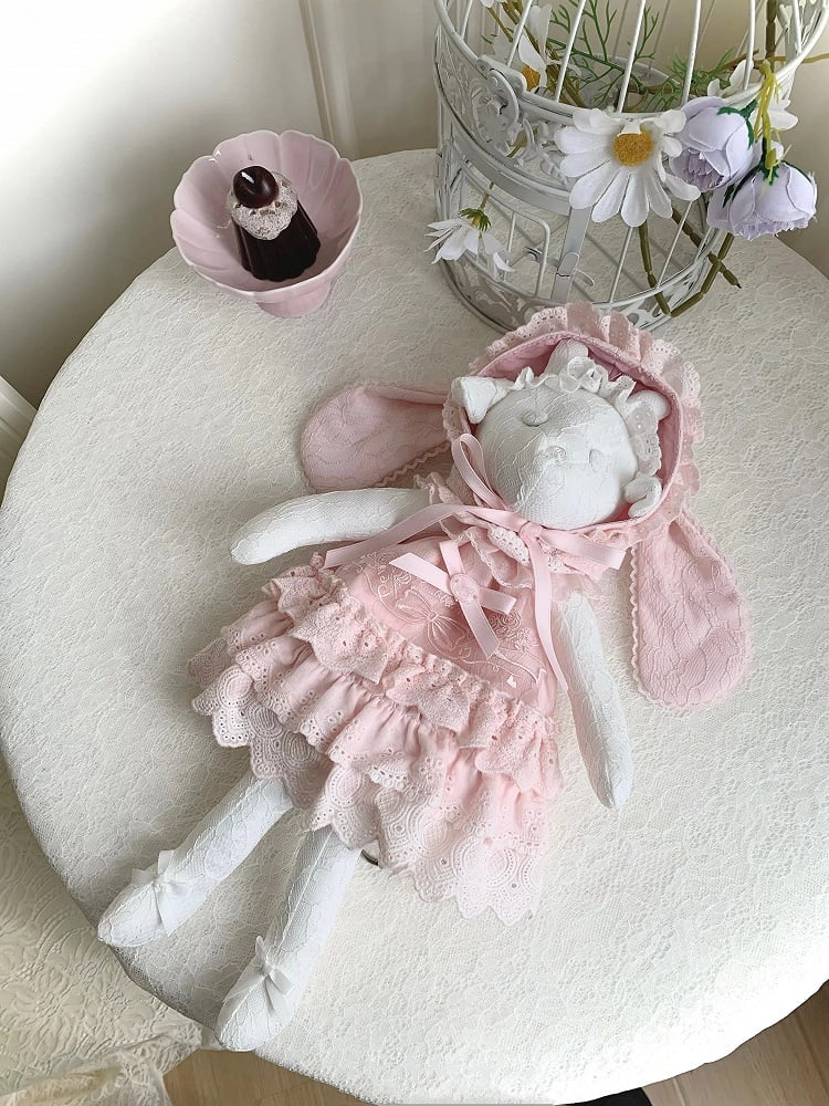 Pink Rosette and Bowknot Embroidery Dress + Bunny Ears Hat