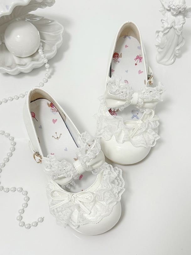 White Bowknot Details Lace Trim Round Toe Lolita Shoes