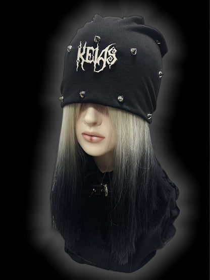 Y2K Black Metallic Letter Details Studs Design Punk Slouchy Beanie