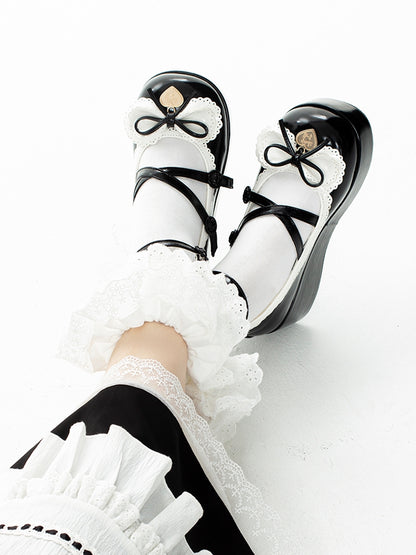 Buckle Ankle Strap Black Sweet Knotted Bow Accent Platforms