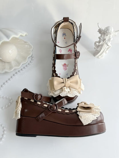 Chocolate Brown Bow at Top Lace Trim Heart Buckles Platforms