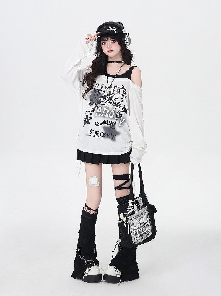 Y2K Star Print Open Shoulder Black/White Top Faux Two-pieces