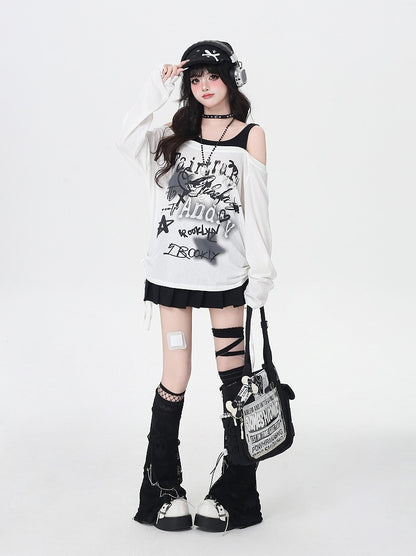 Y2K Star Print Open Shoulder Black/White Top Faux Two-pieces