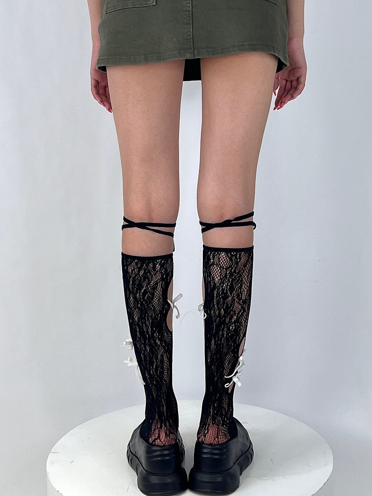 Black Bittersweet Cut-out Design Bowknot Details Under-knee Stockings