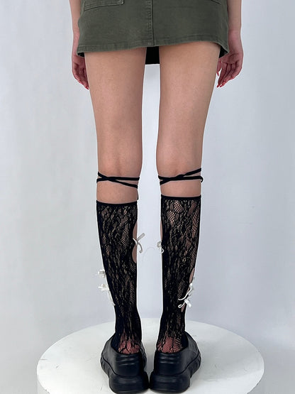 Black Bittersweet Cut-out Design Bowknot Details Under-knee Stockings