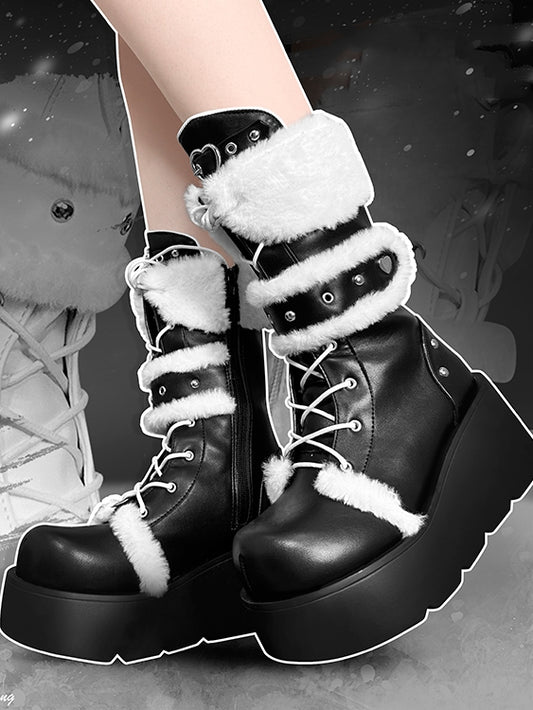 Heart Buckle White Plush Trim Black Y2K Platform Boots
