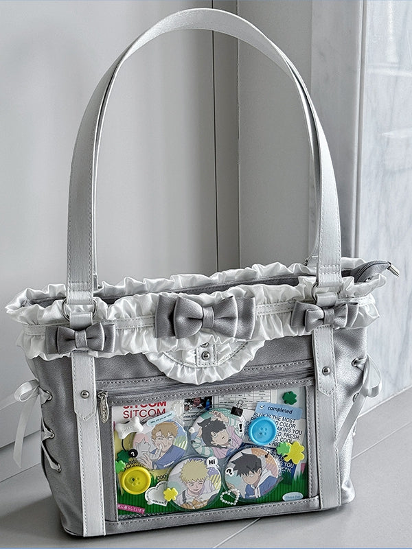 Silver&White Bowknot Details Ruffles Trim Lace-up Design Ita Bag