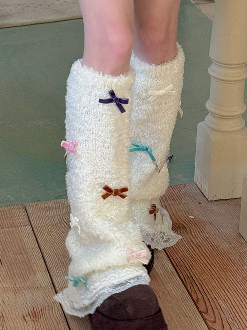 White/Purple/Camel/Light Grey Sweet Bowknot Lace Trim Leg Warmers