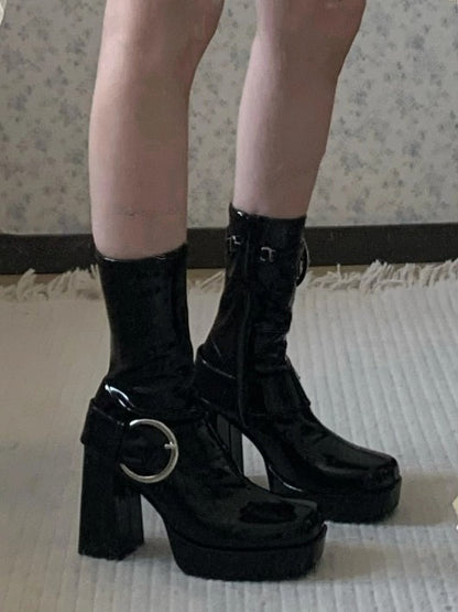 Mid-calf Polished Black Boots - Square Toe Platform with Decorative Buckles & Inner Zipper