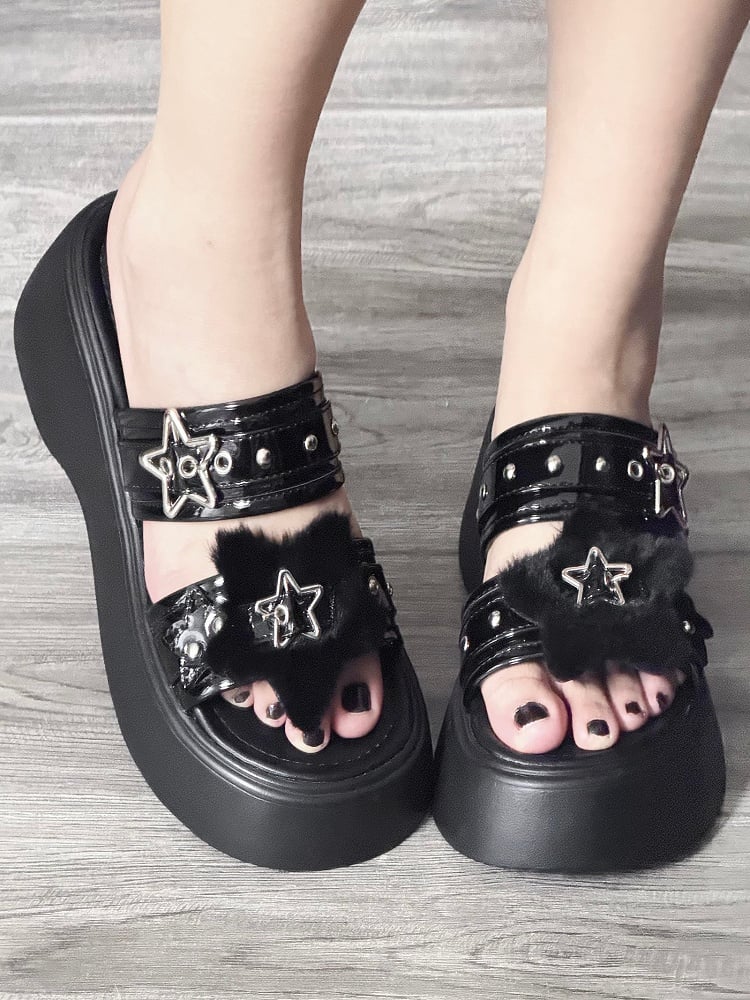 Alt-Goth Black Platform Slippers – Star Buckles, Metal Studs & Fleece Top