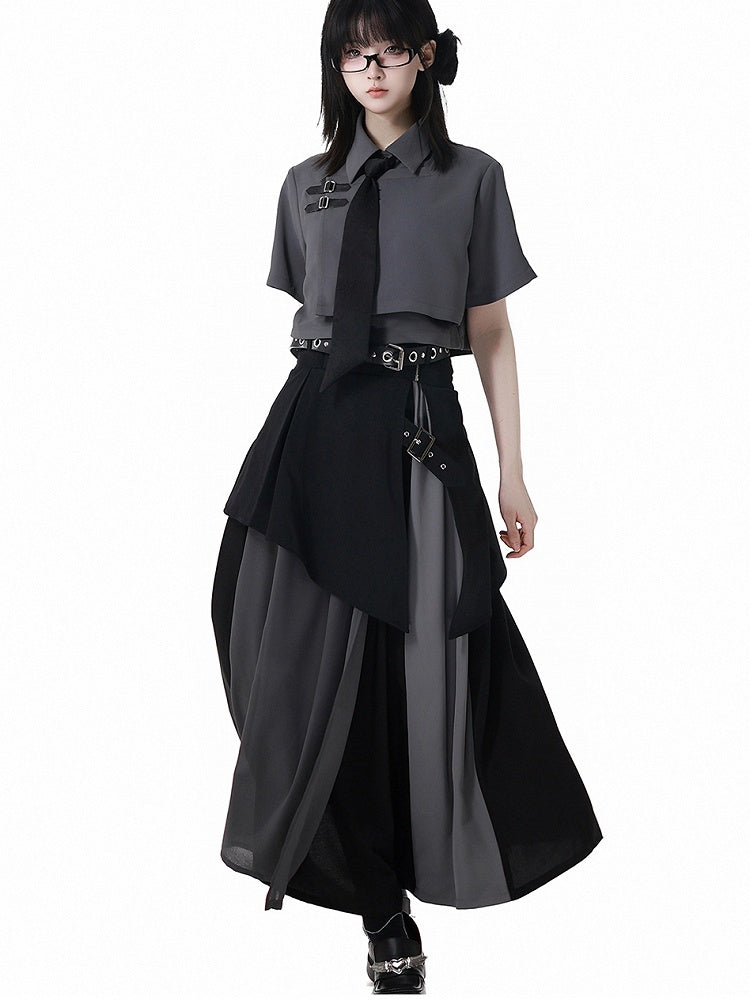 White/Gray Leather Buckles Cheongsam Style Short Sleeves Cropped Shirt with Tie