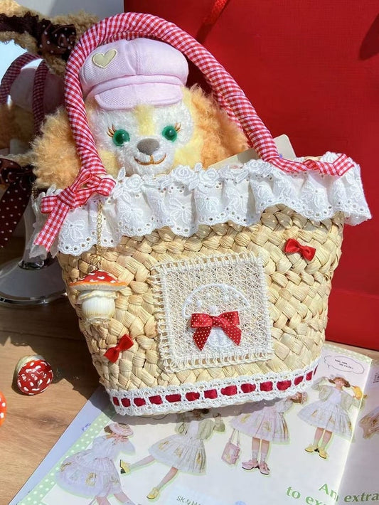 Red Bowknot Details Mushroom Charm Cottagecore Country Lolita Straw Tote Bag