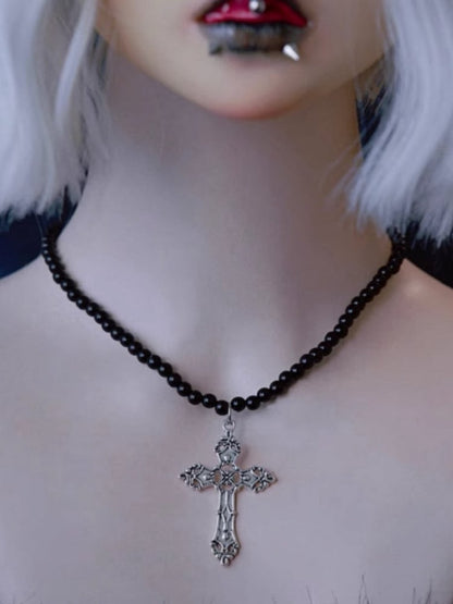 Silver Cross Pendant Gothic Black Beads Necklace