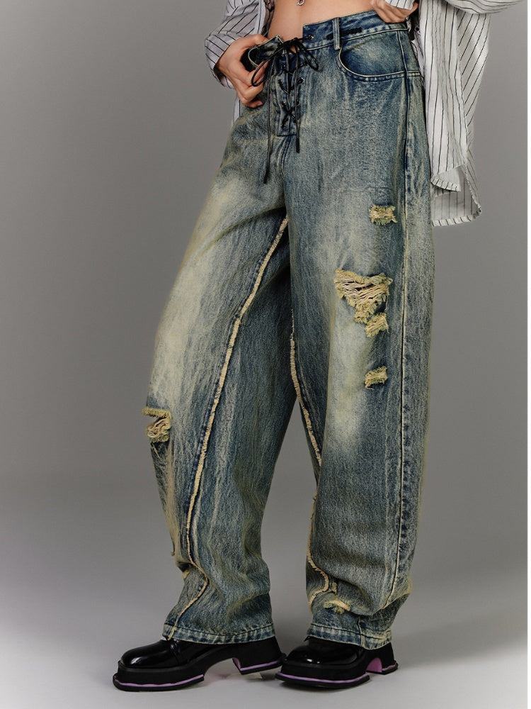 Blue Low Waist Faded Wash Distressed Holes Vintage Jeans with Lace-up Closure