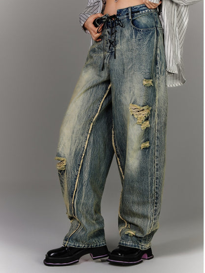 Blue Low Waist Faded Wash Distressed Holes Vintage Jeans with Lace-up Closure
